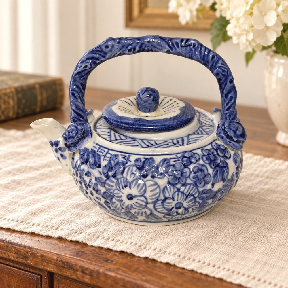 Vintage Chinoiserie Ceramic Teapot Raised Flowers Sculpted Handle Marked